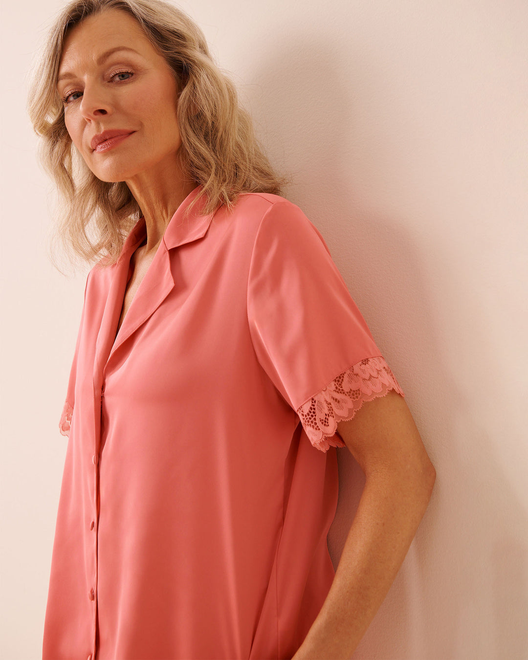 Top S/slv Satin Lace - Pink