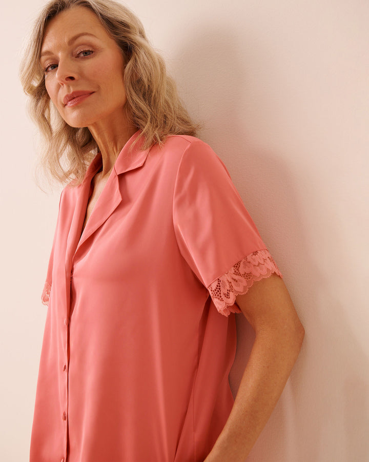 Top S/slv Satin Lace - Pink