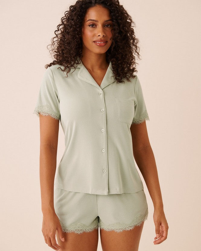 Top S/slv Rib Modal Lace - Green