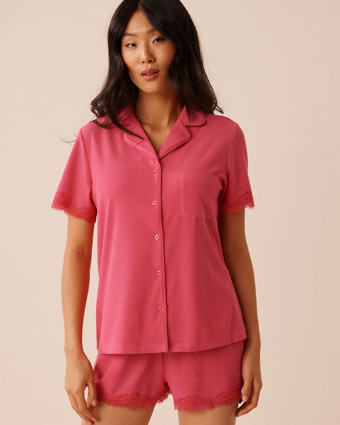 Top S/slv Rib Modal Lace - Red