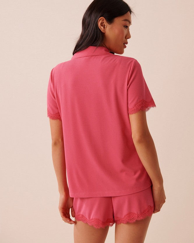 Top S/slv Rib Modal Lace - Red