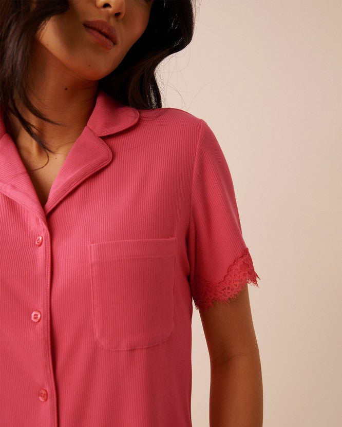 Top S/slv Rib Modal Lace - Red