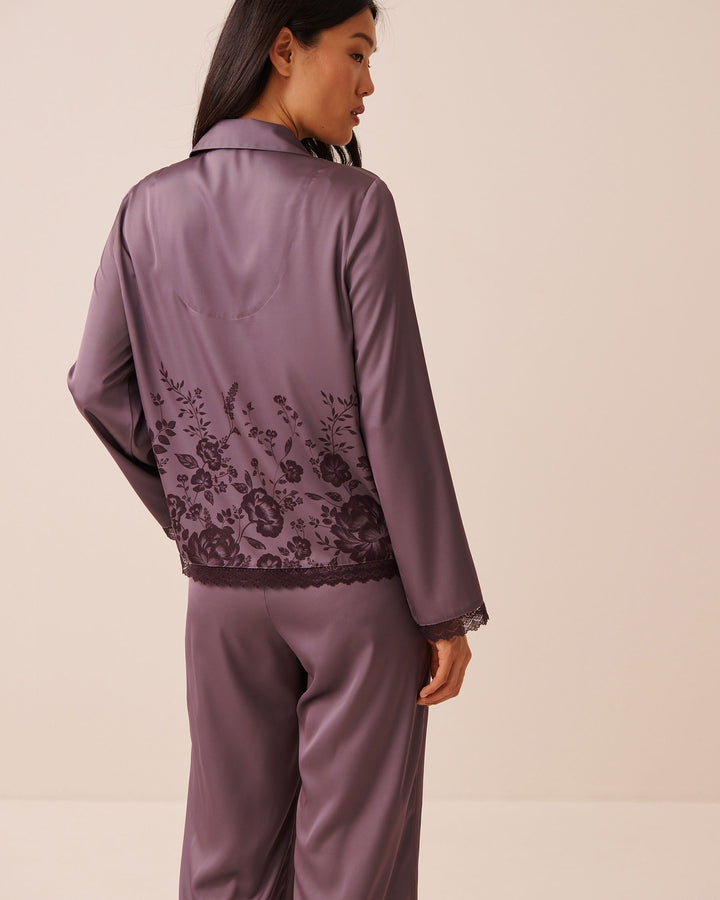 Floral Print Satin Long Sleeve Button-down Shirt