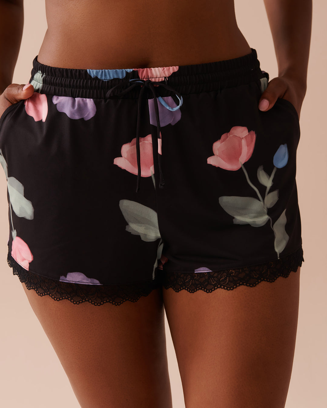 Recycled Fibers Tulip Print Lace Trim Shorts - Black Multi Floral