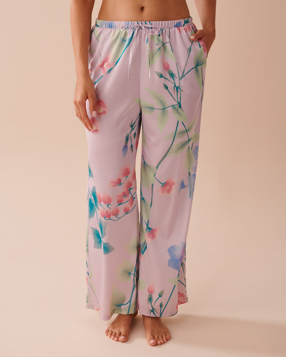 Lavender Garden Print Satin Pants - Lavender Fog Flowers