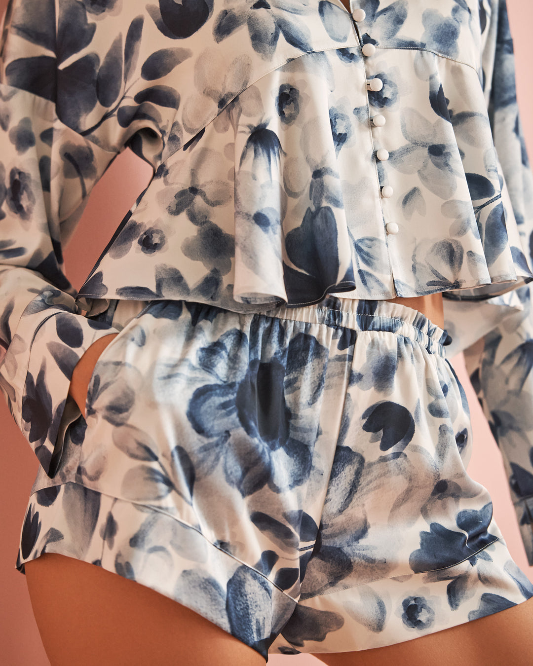 Blue Floral Print Frill Detail Satin Shorts - Maritime Blue