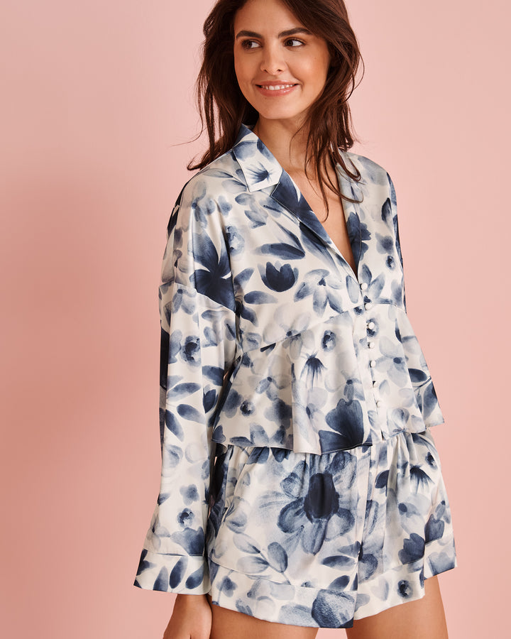 Blue Floral Print Frill Detail Satin Shorts - Maritime Blue