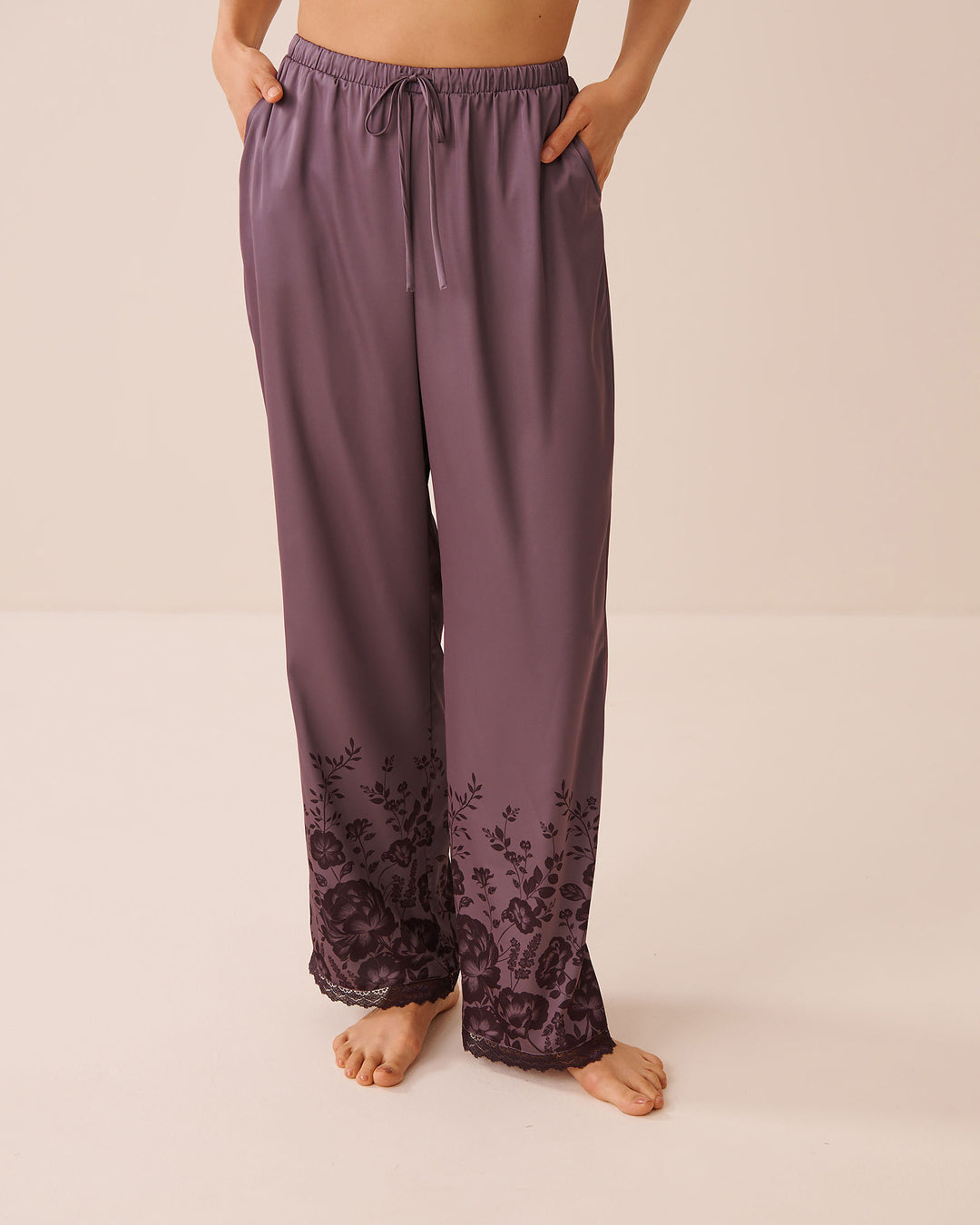 Floral Print Lace Trim Satin Pants