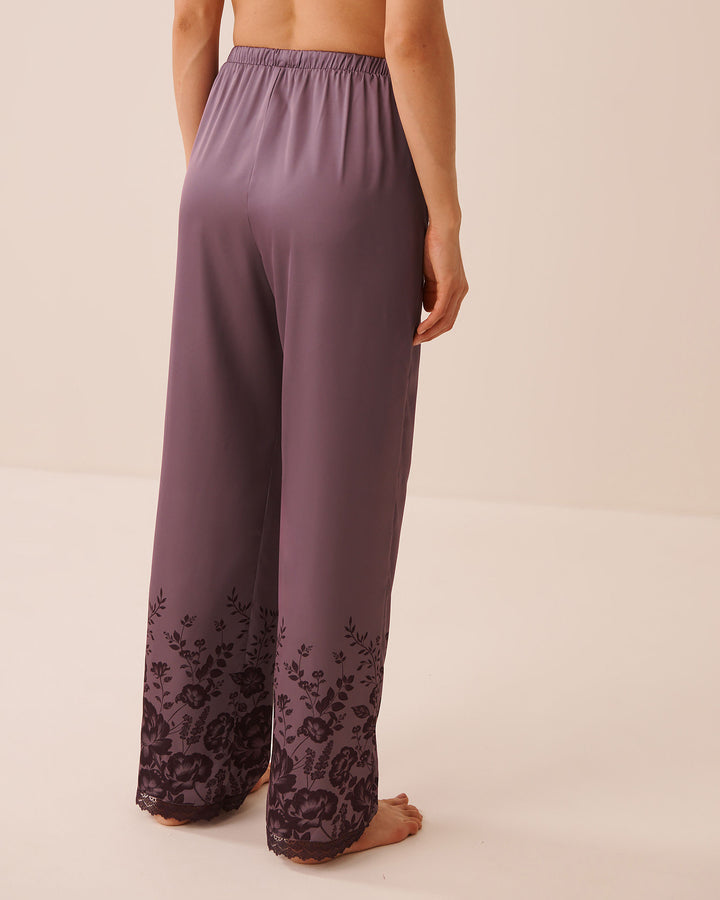 Floral Print Lace Trim Satin Pants