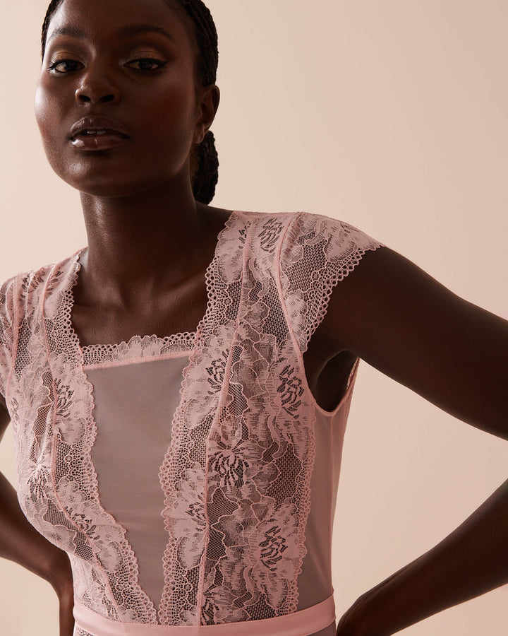 Floral Lace and Mesh Cap Sleeve Teddy - Blue Haze