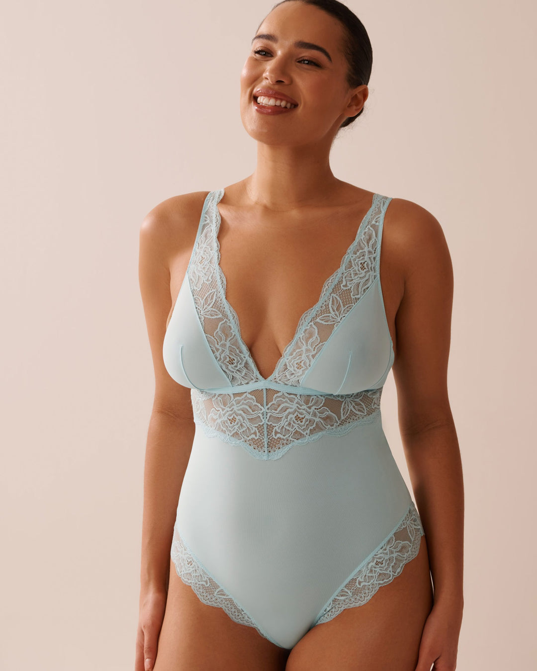 Microfiber and Floral Lace Plunge Teddy - Clearwater