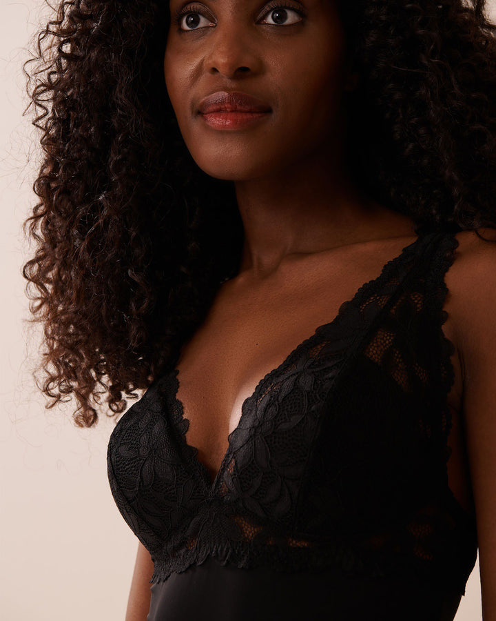 Microfiber and Floral Lace Cheeky Teddy - Black Beauty