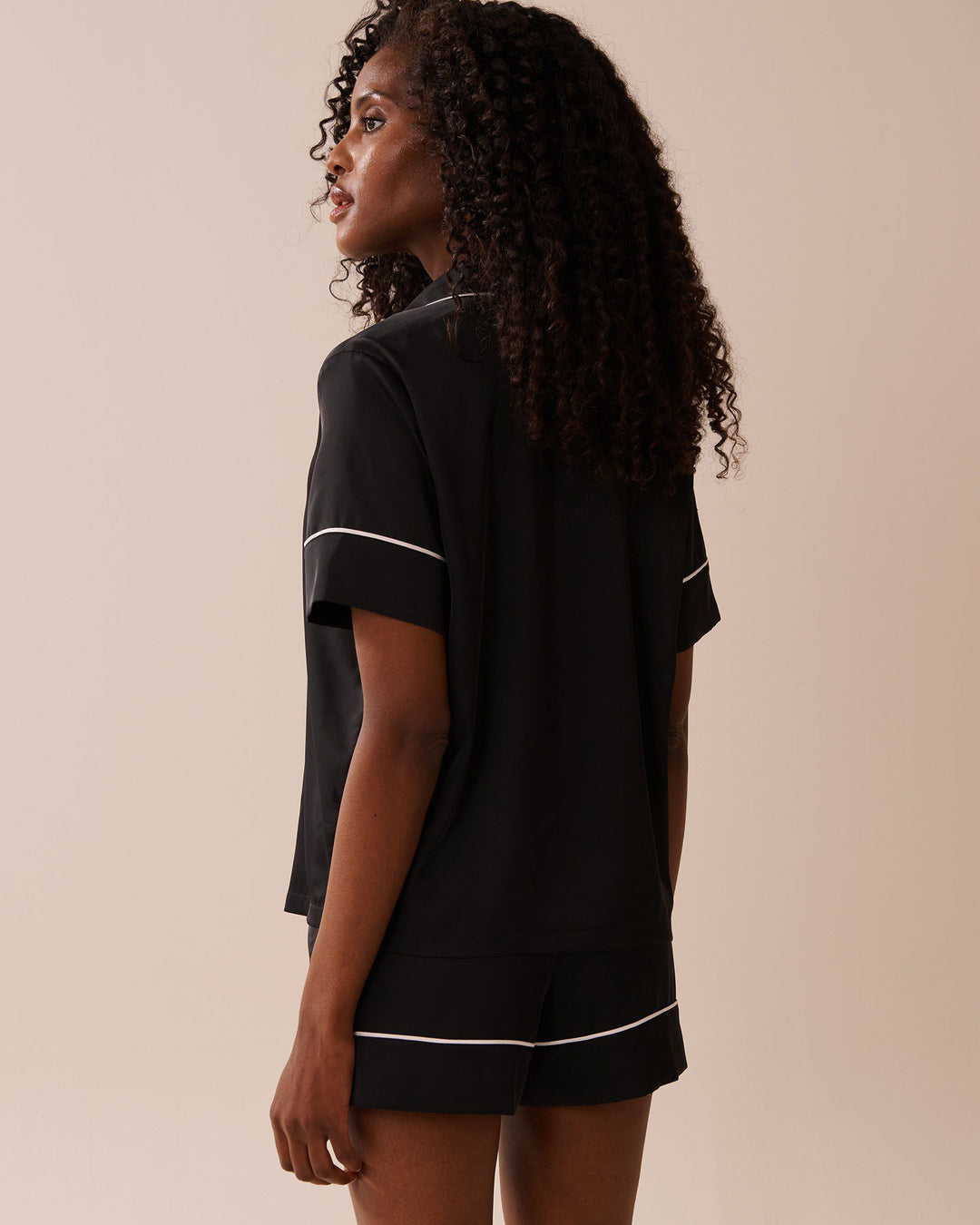 Short Sleeve Satin Pajama Set - Black Beauty