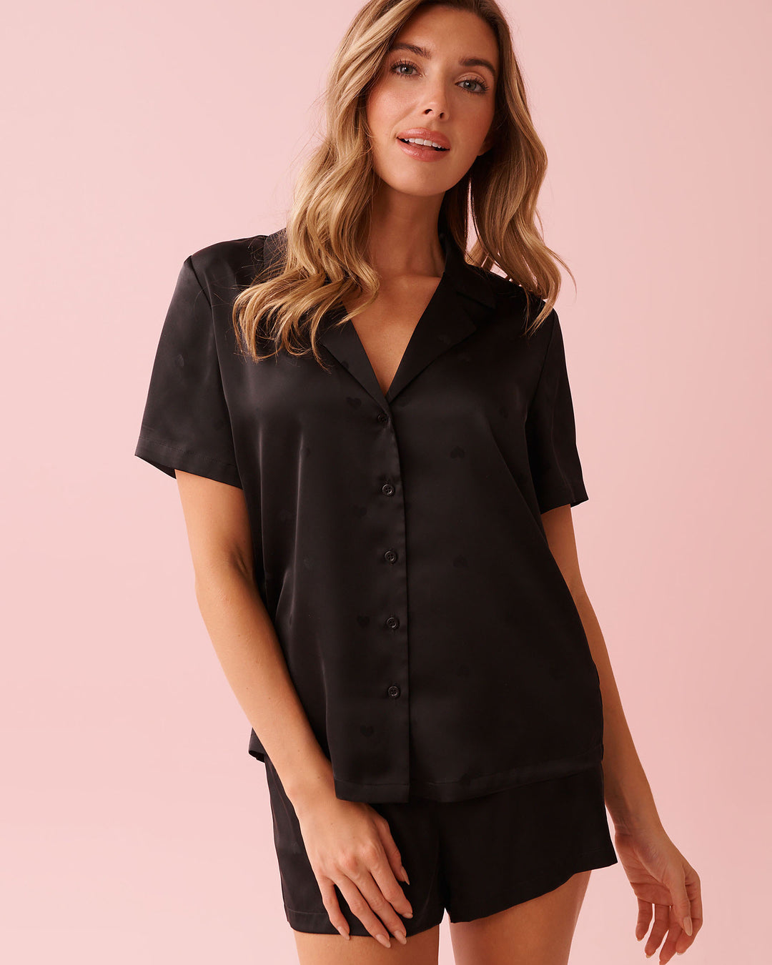 2pcs S/slv Short Satin Jacquar - Black