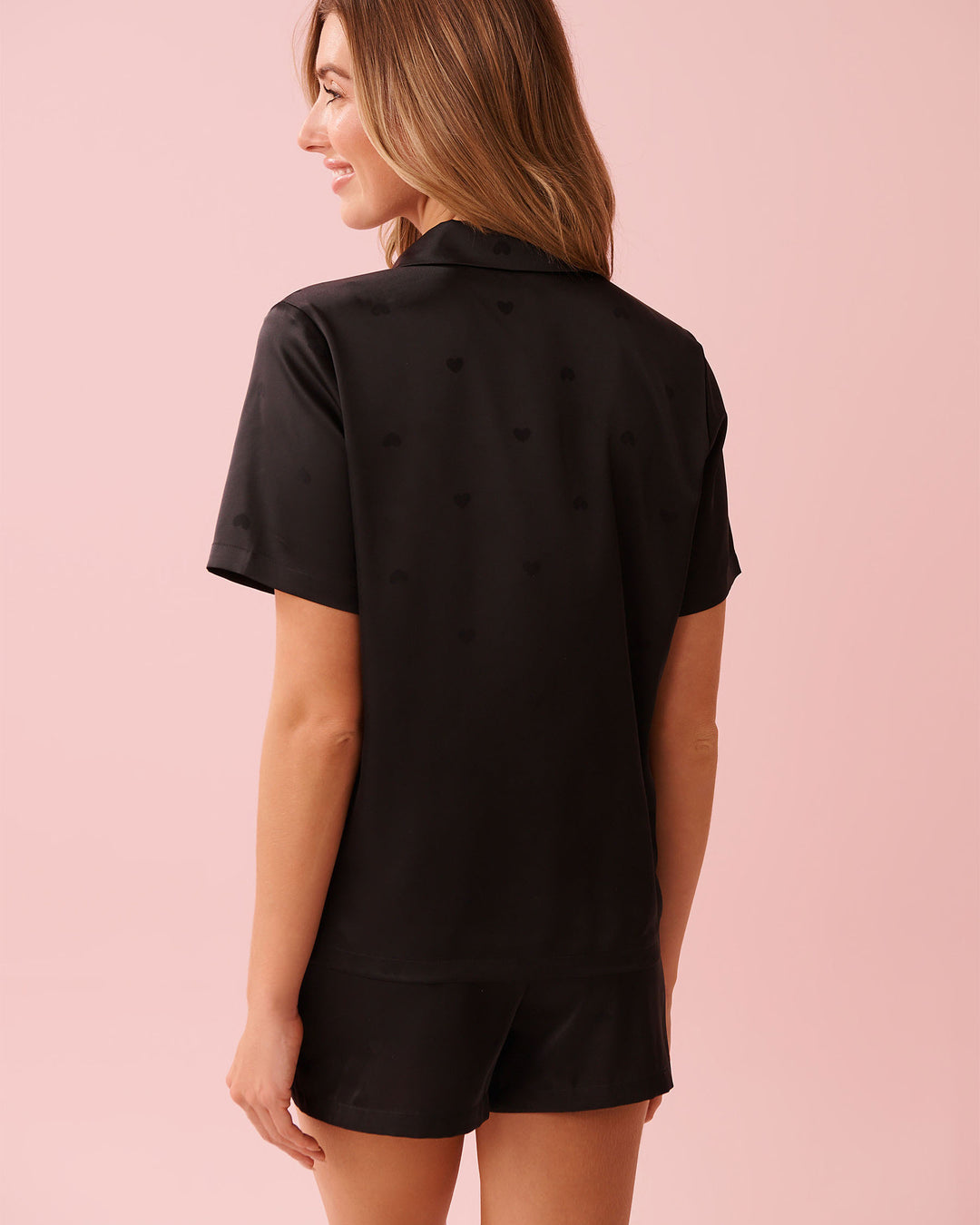 2pcs S/slv Short Satin Jacquar - Black