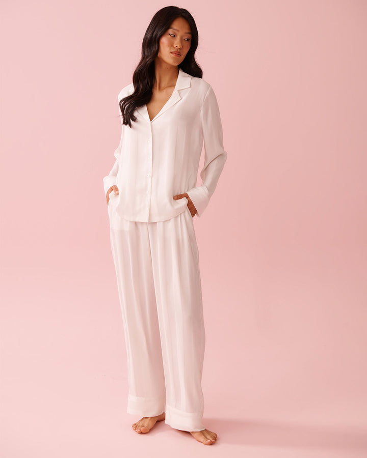 2pcs L/slv Pant Satin Jacquar - White