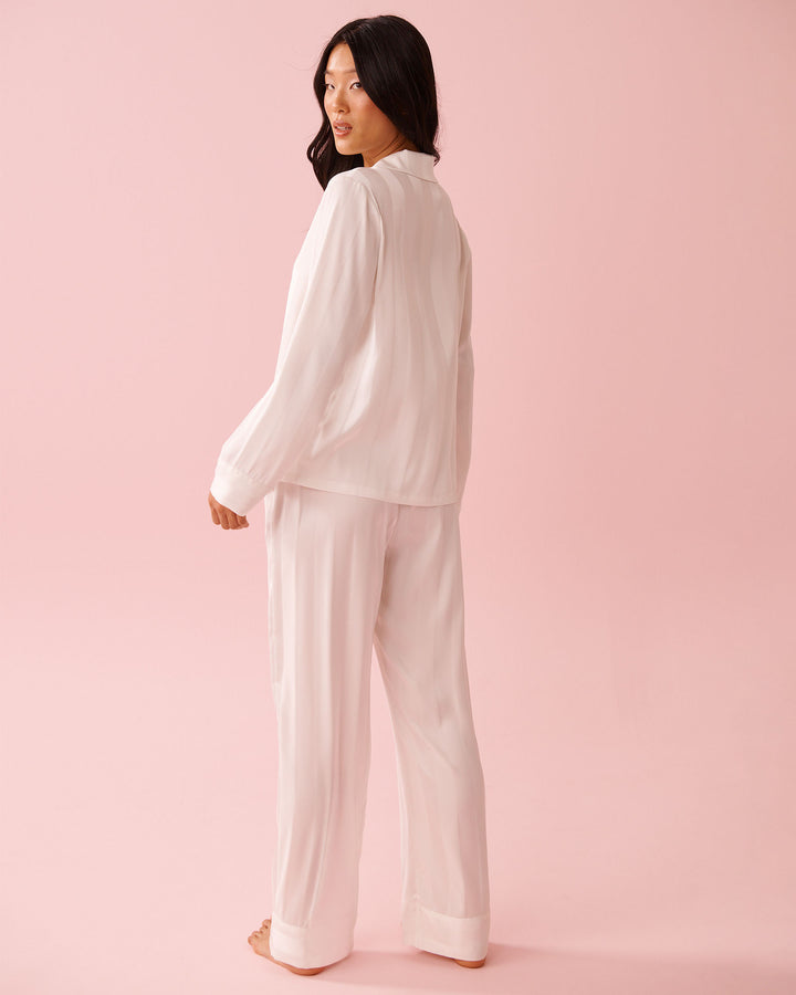 2pcs L/slv Pant Satin Jacquar - White