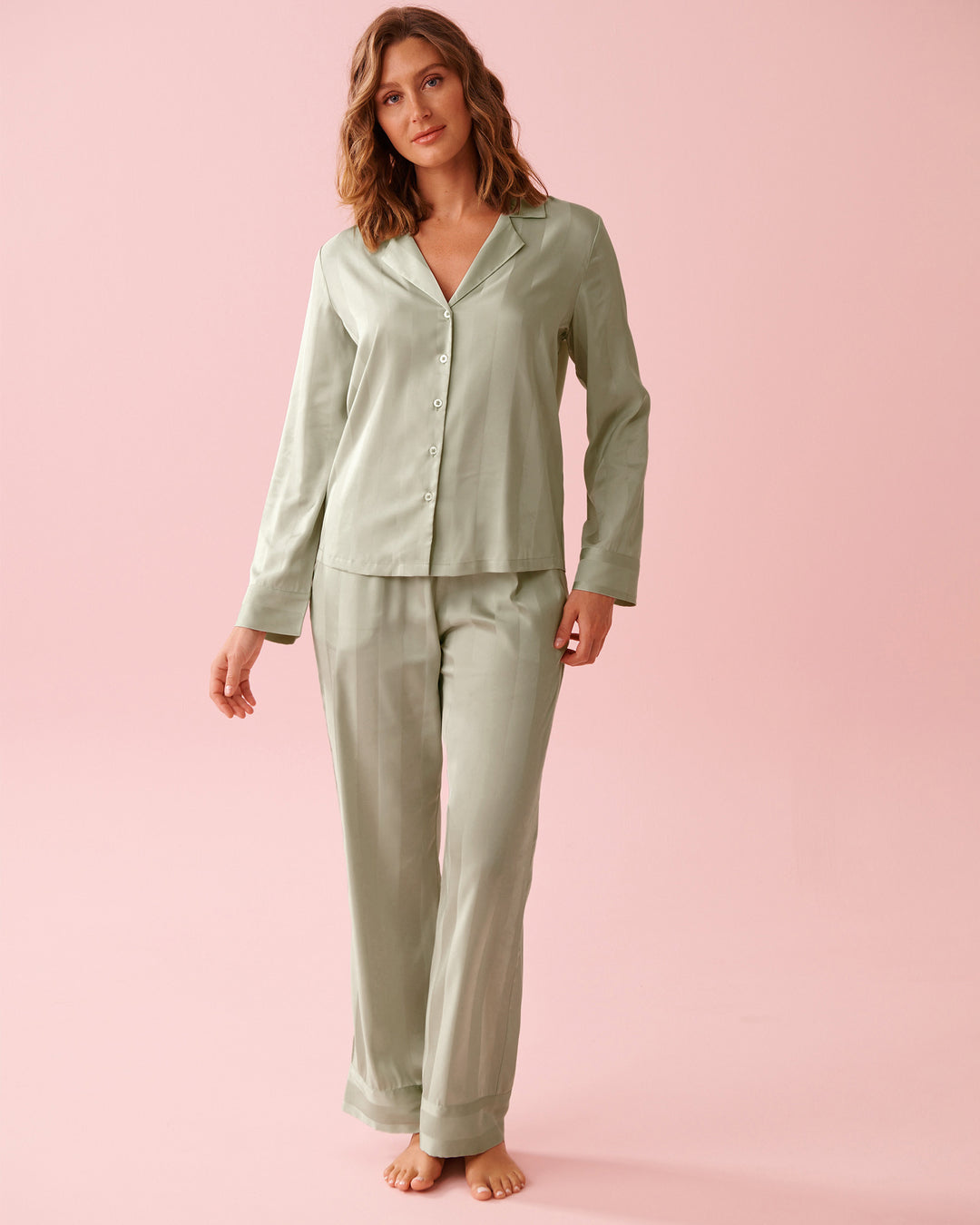 2pcs L/slv Pant Satin Jacquar - White