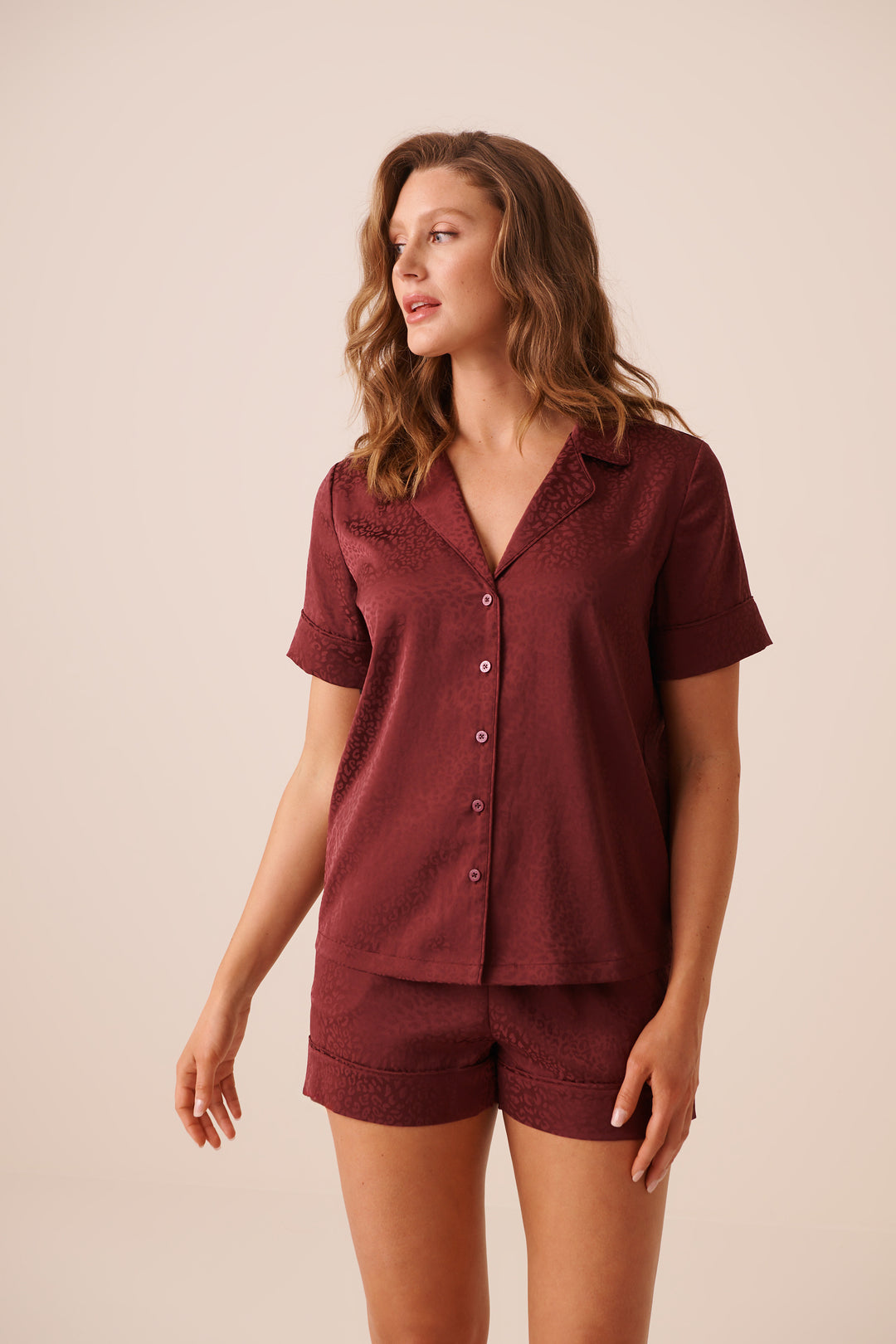 Leopard Jacquard Short Sleeve Satin Pajama Set