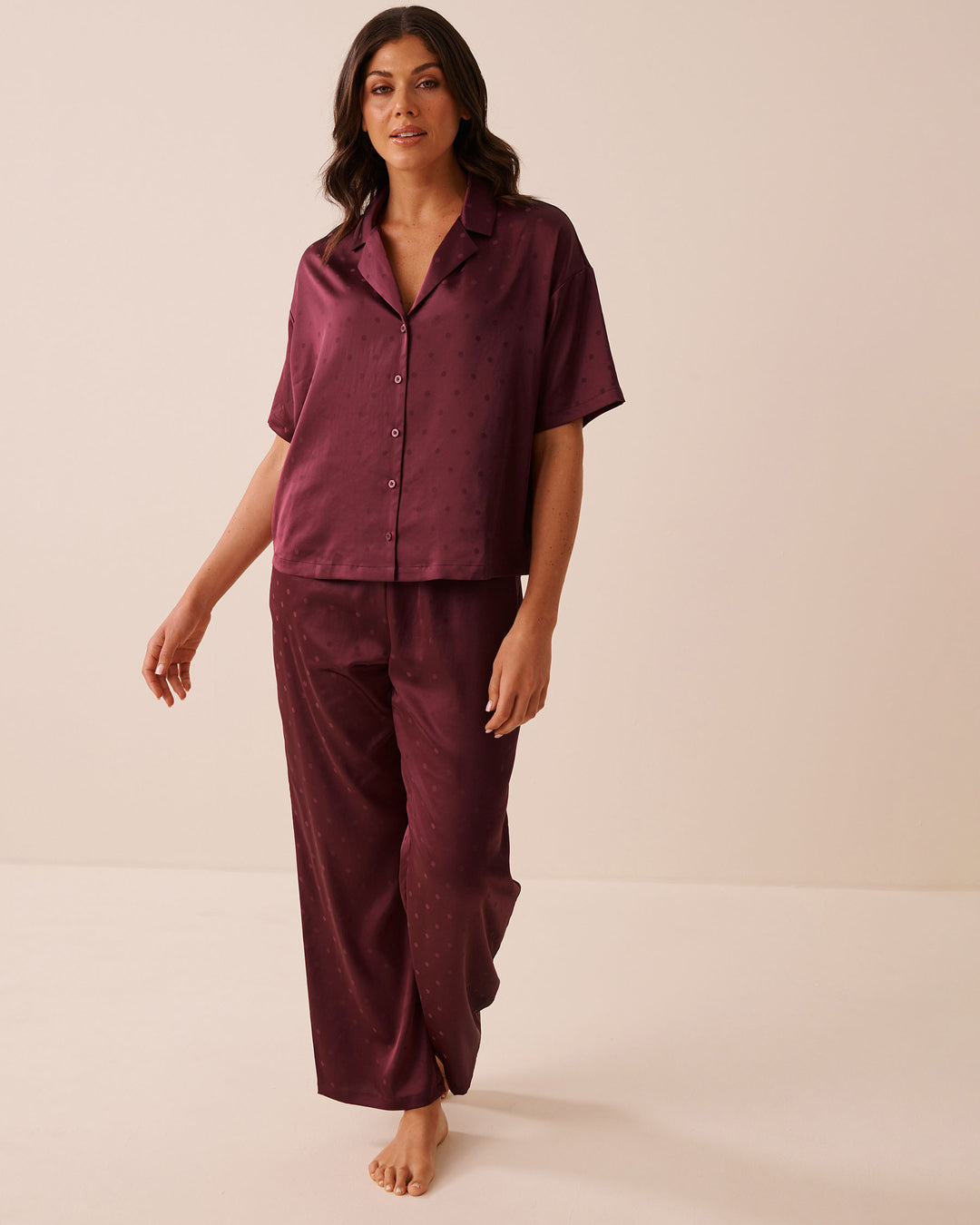 Satin Jacquard Polka Dot Short Sleeve Pajama Set