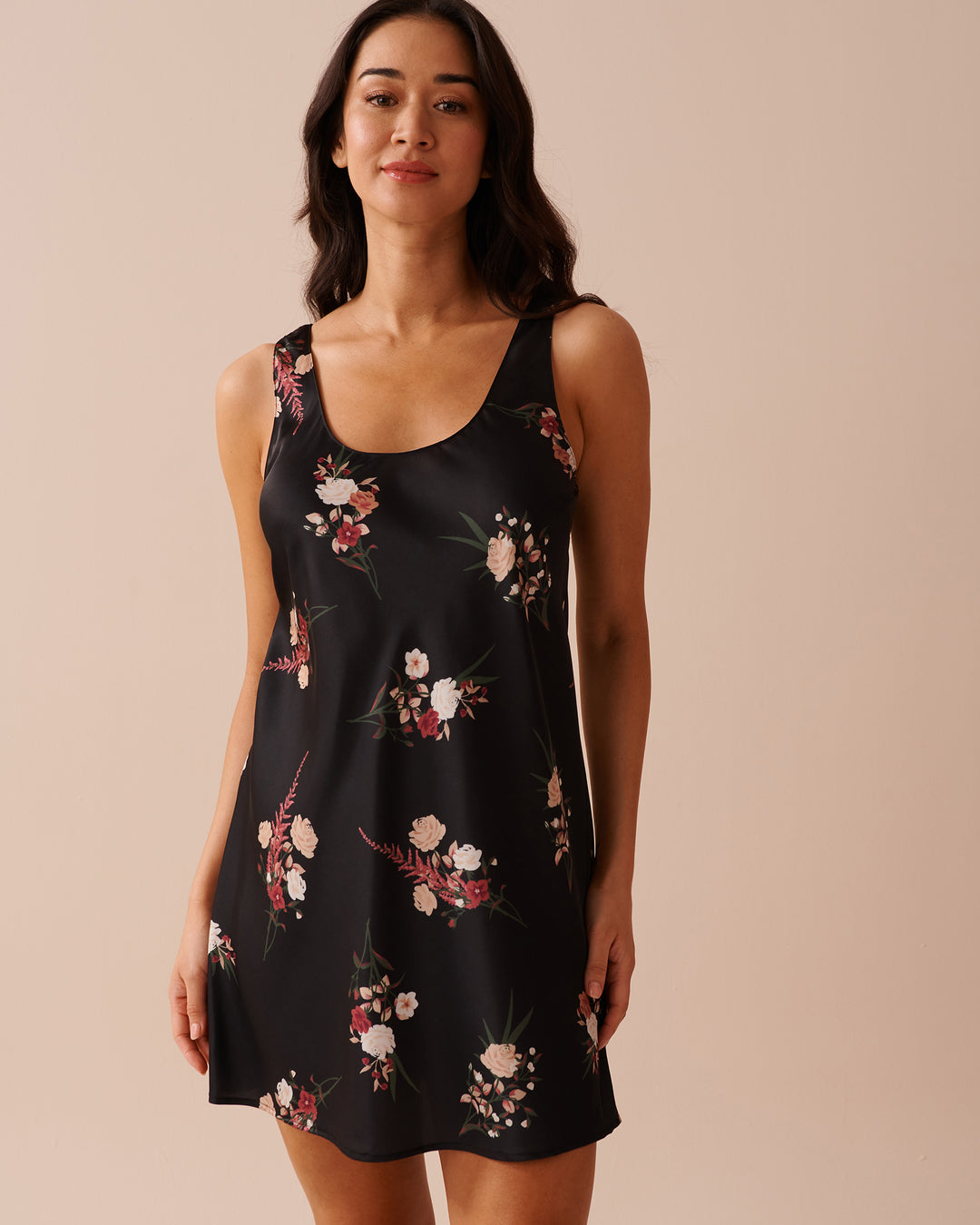 Black Bouquet Satin Nightie - Black Bouquet