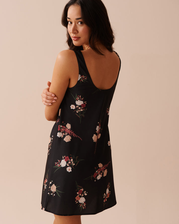 Black Bouquet Satin Nightie - Black Bouquet