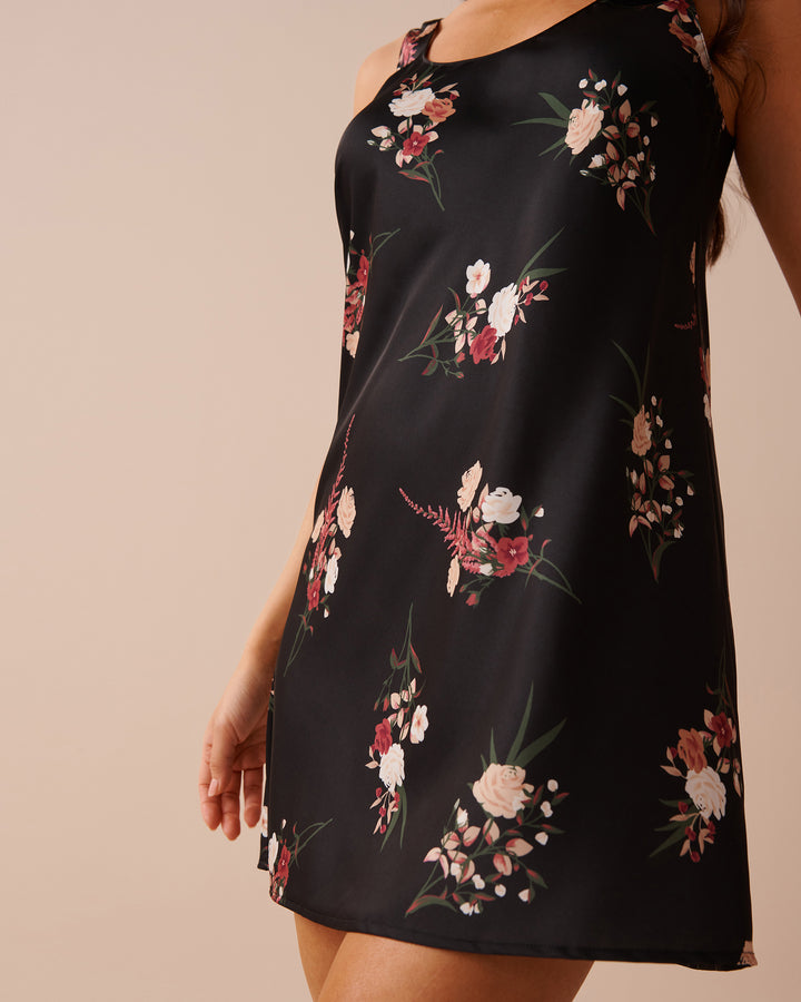 Black Bouquet Satin Nightie - Black Bouquet