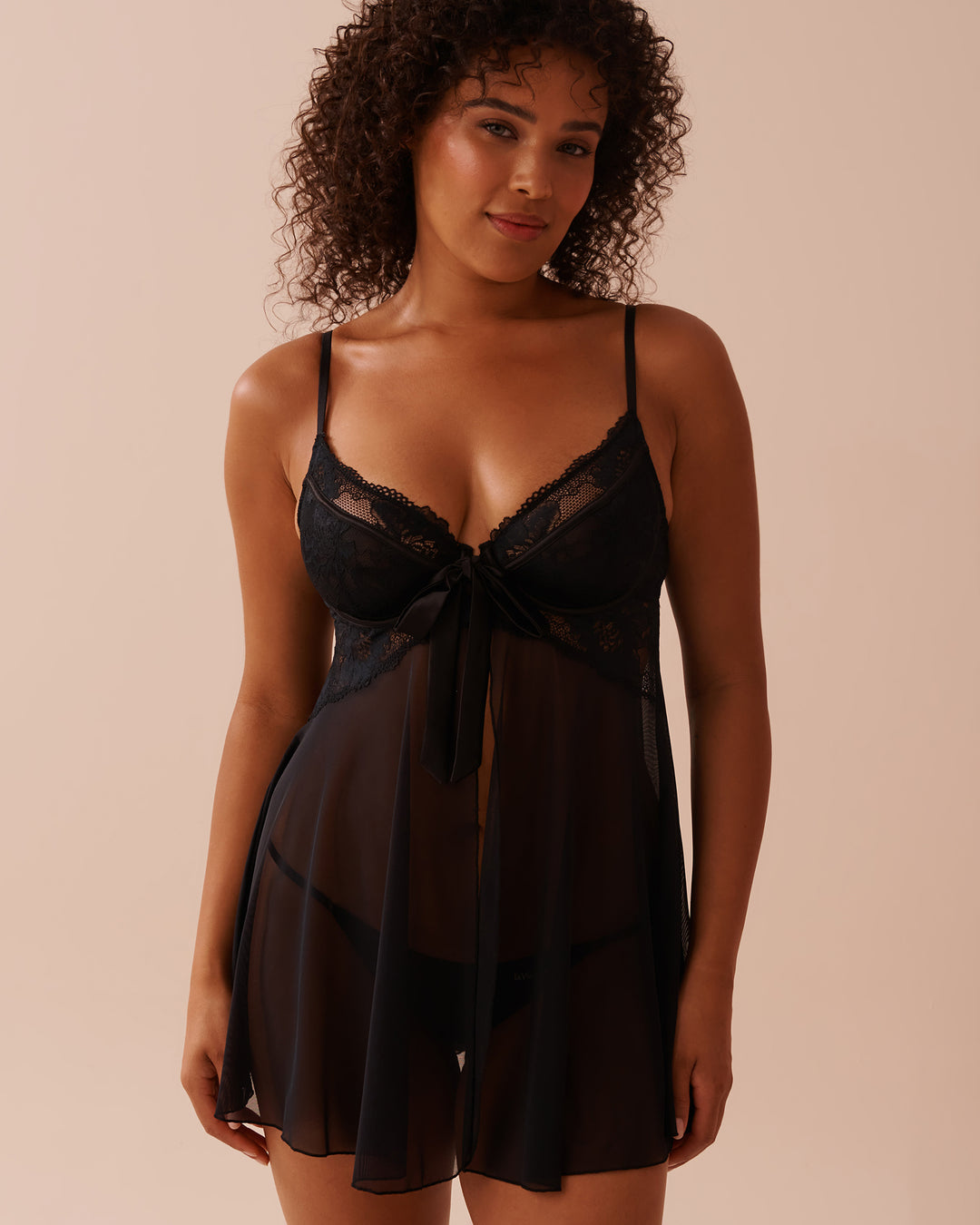 Open Front Lace and Mesh Babydoll with Satin Bow - Pacific