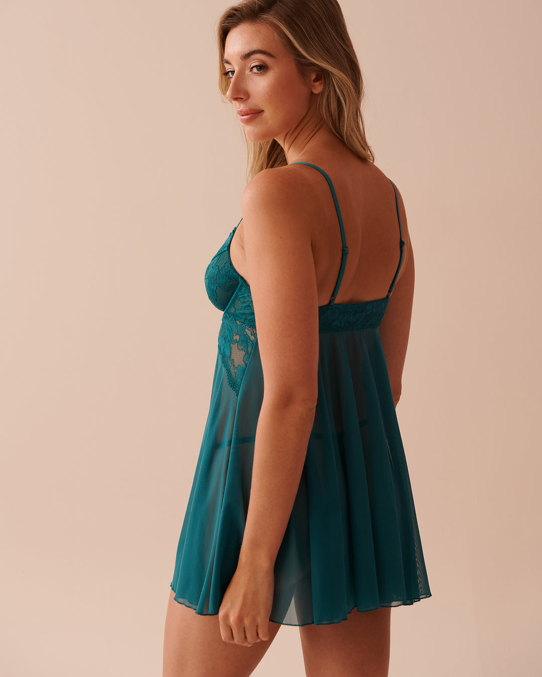 Open Front Lace and Mesh Babydoll with Satin Bow - Pacific