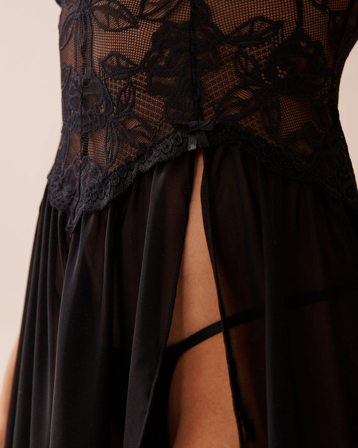 Floral Lace and Mesh Slit Nightie - Black Beauty