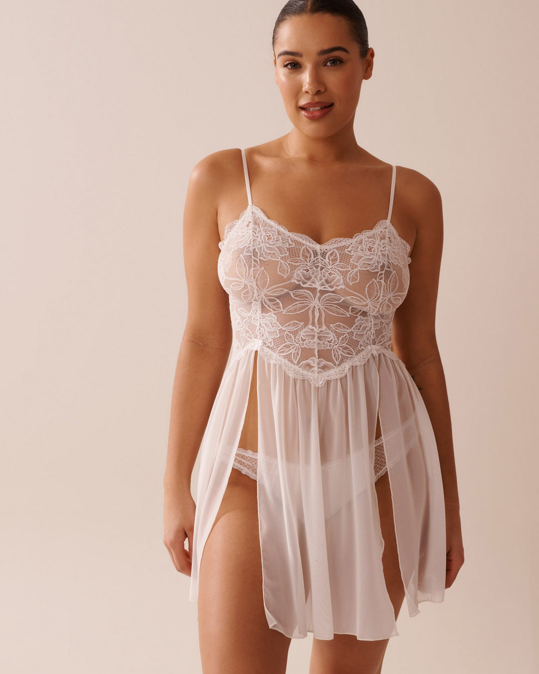 Floral Lace and Mesh Slit Nightie - Snow White