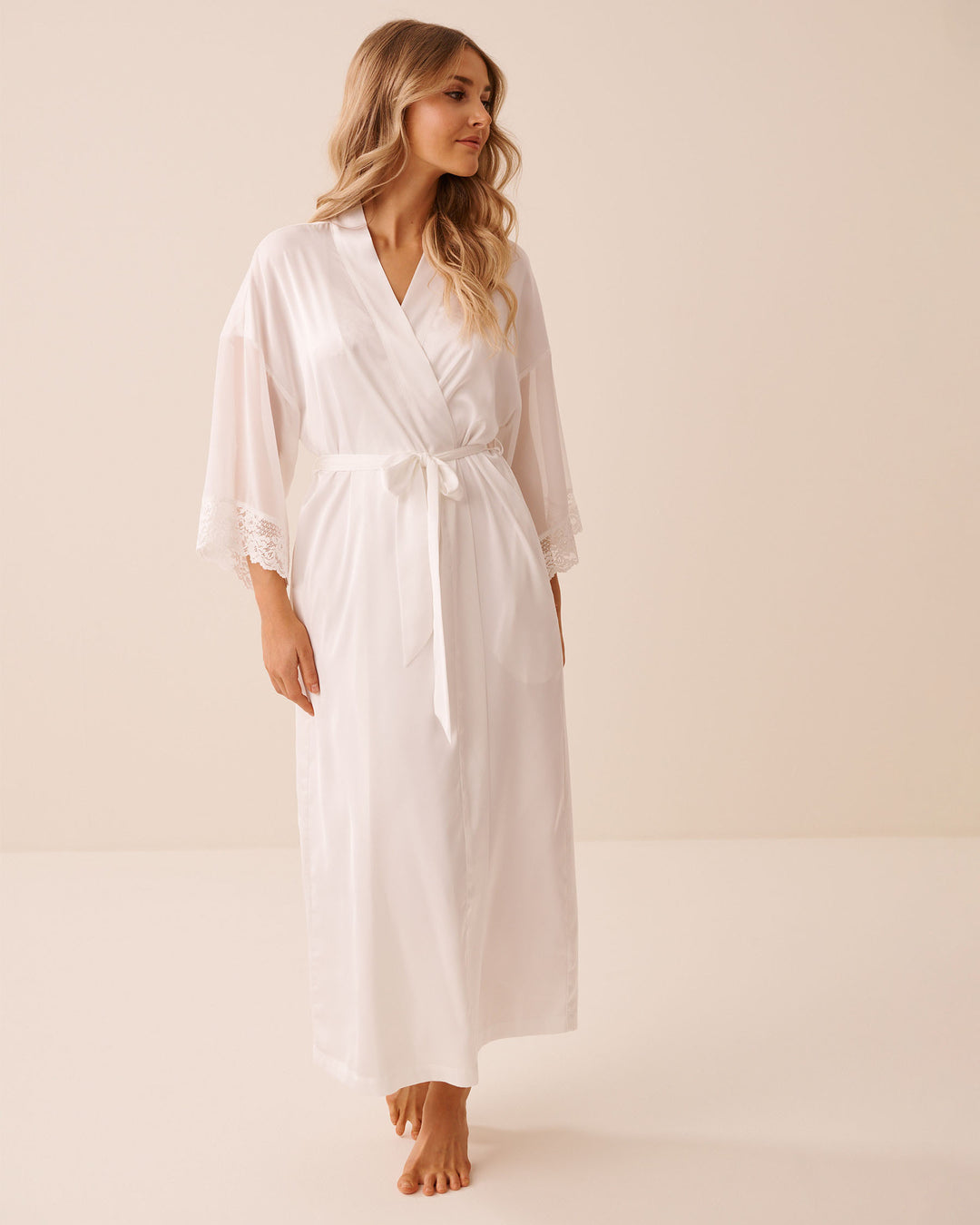 Kimono Chiffon Satin Lace - White