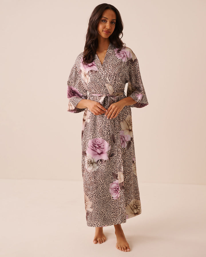 Floral Leopard Print Satin Long Kimono