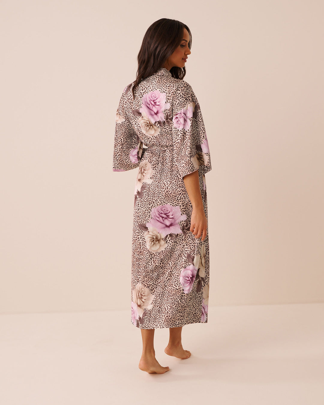 Floral Leopard Print Satin Long Kimono