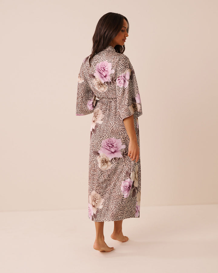 Floral Leopard Print Satin Long Kimono