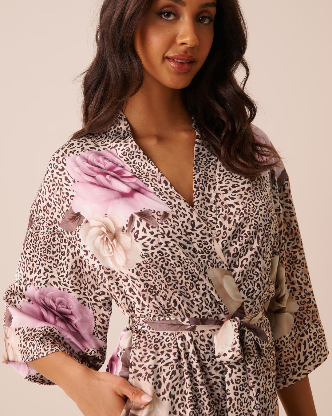 Floral Leopard Print Satin Long Kimono