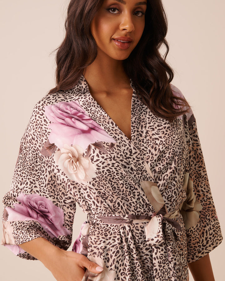 Floral Leopard Print Satin Long Kimono