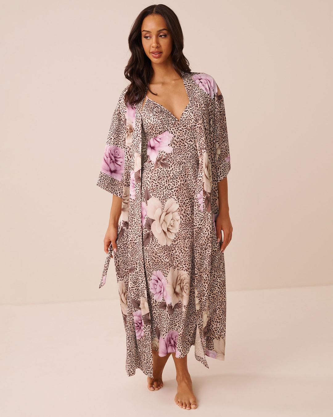 Floral Leopard Print Satin Long Kimono