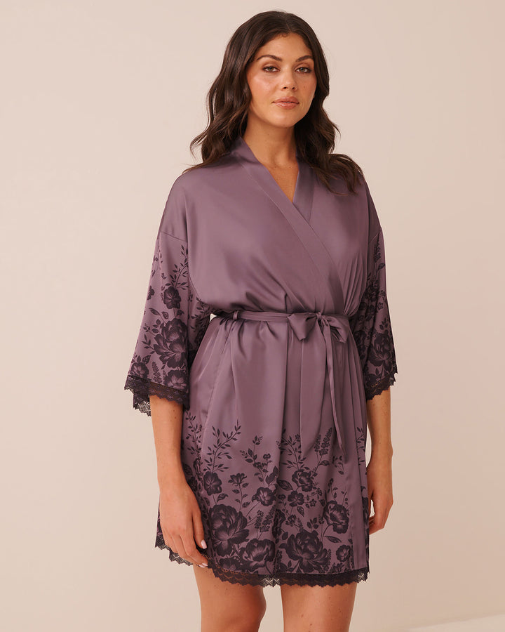 Floral Print Lace Trim Satin Kimono