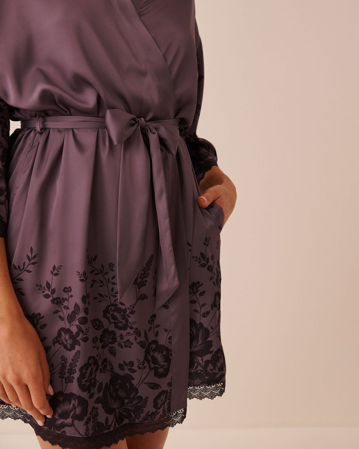 Floral Print Lace Trim Satin Kimono