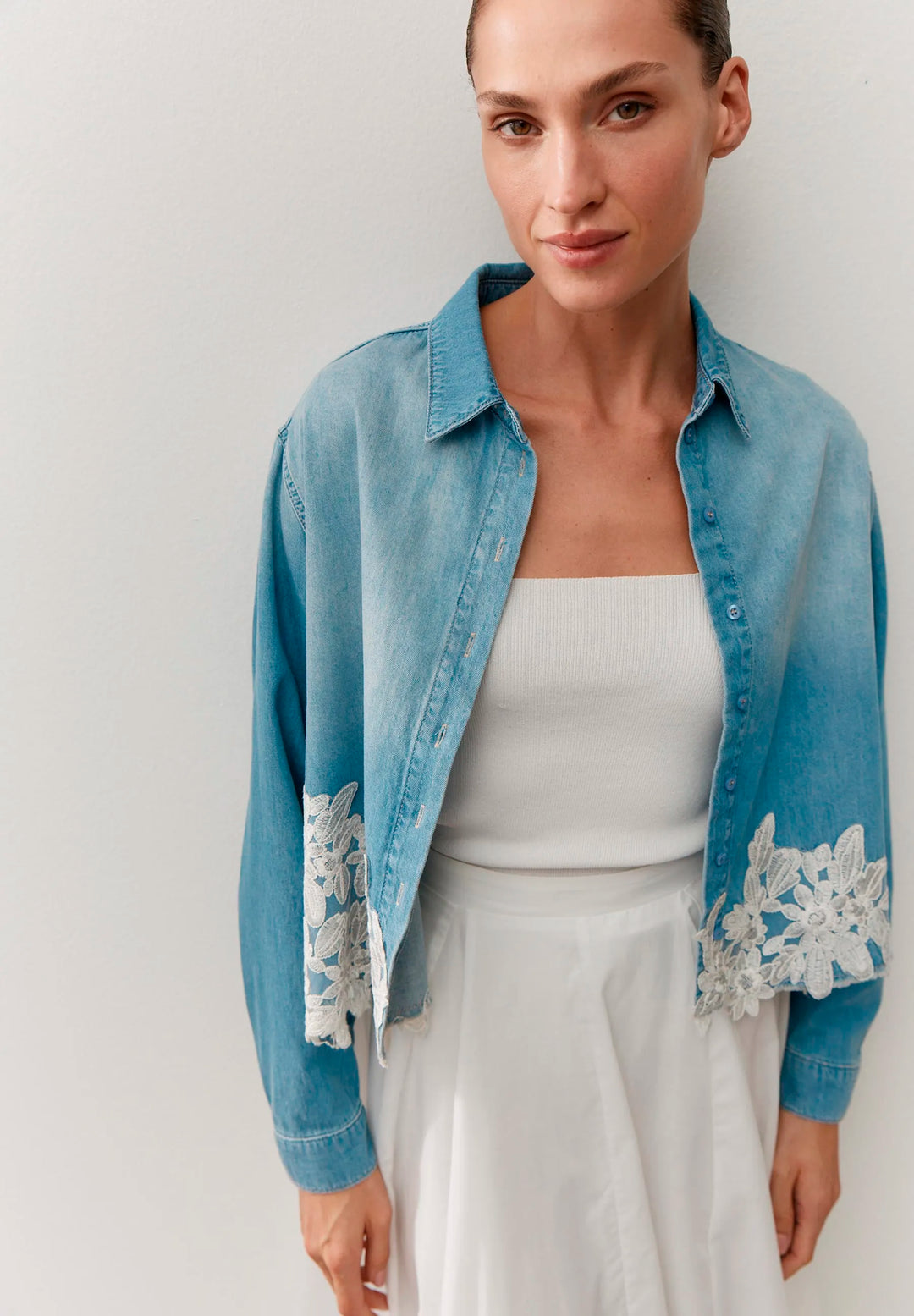 Denim Shirt with Lace Trim