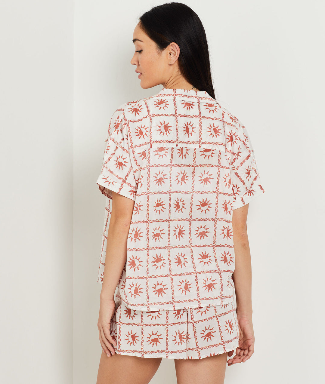 Cotton pajamas shirt with sun pattern - Brique Roux