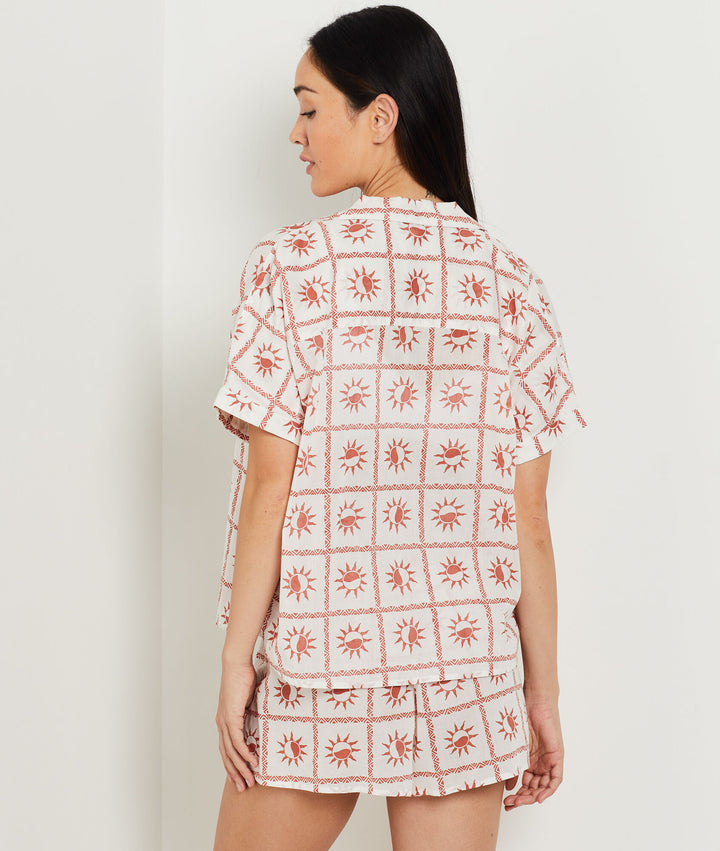 Cotton pajamas shirt with sun pattern - Brique Roux