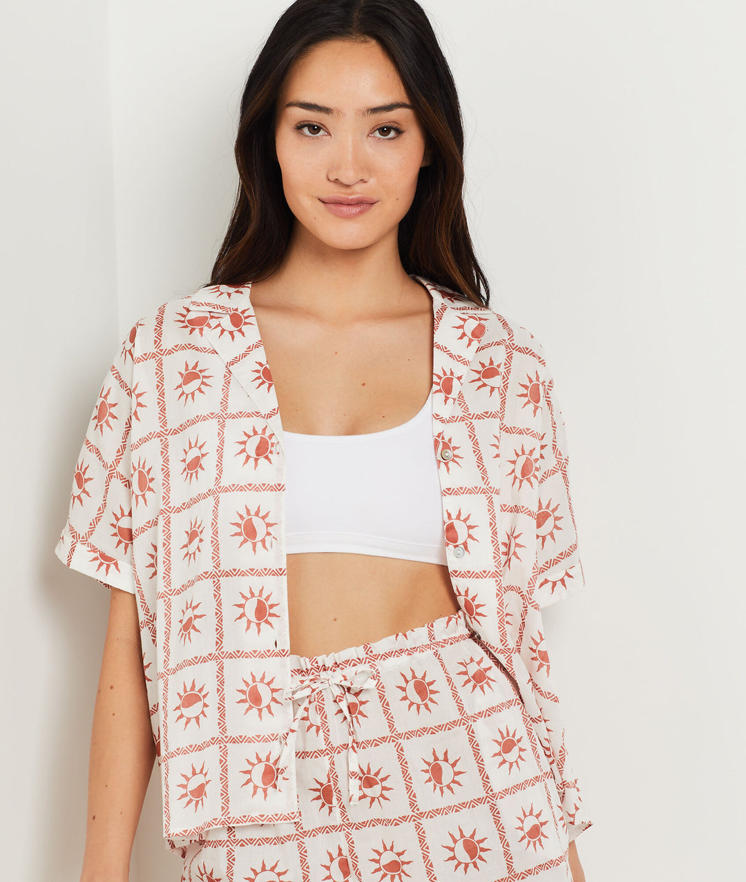 Cotton pajamas shirt with sun pattern - Brique Roux