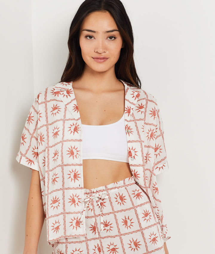 Cotton pajamas shirt with sun pattern - Brique Roux