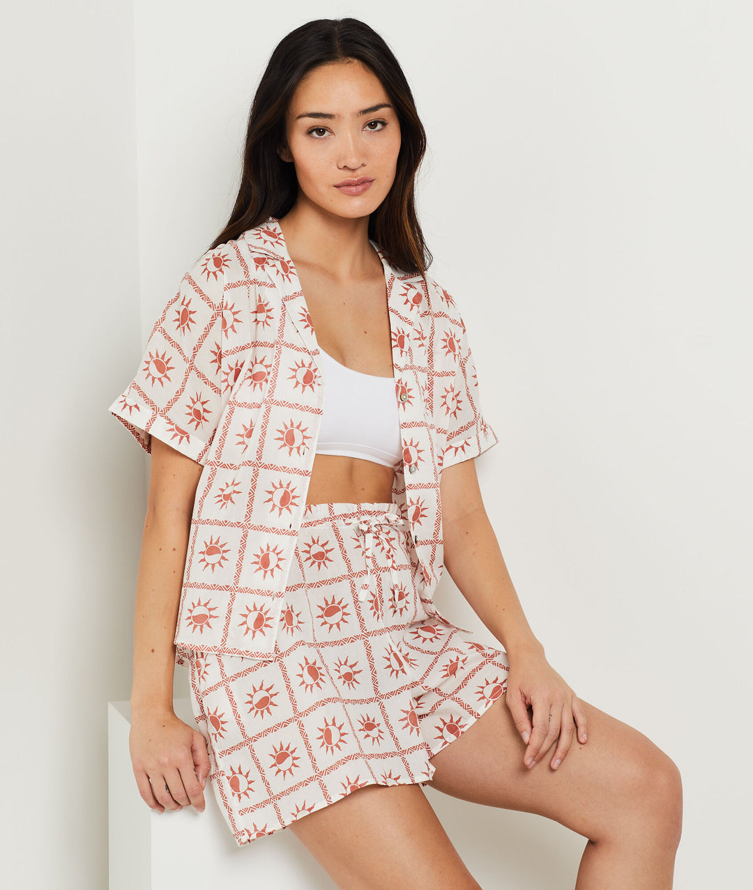 Cotton pajamas shirt with sun pattern - Brique Roux