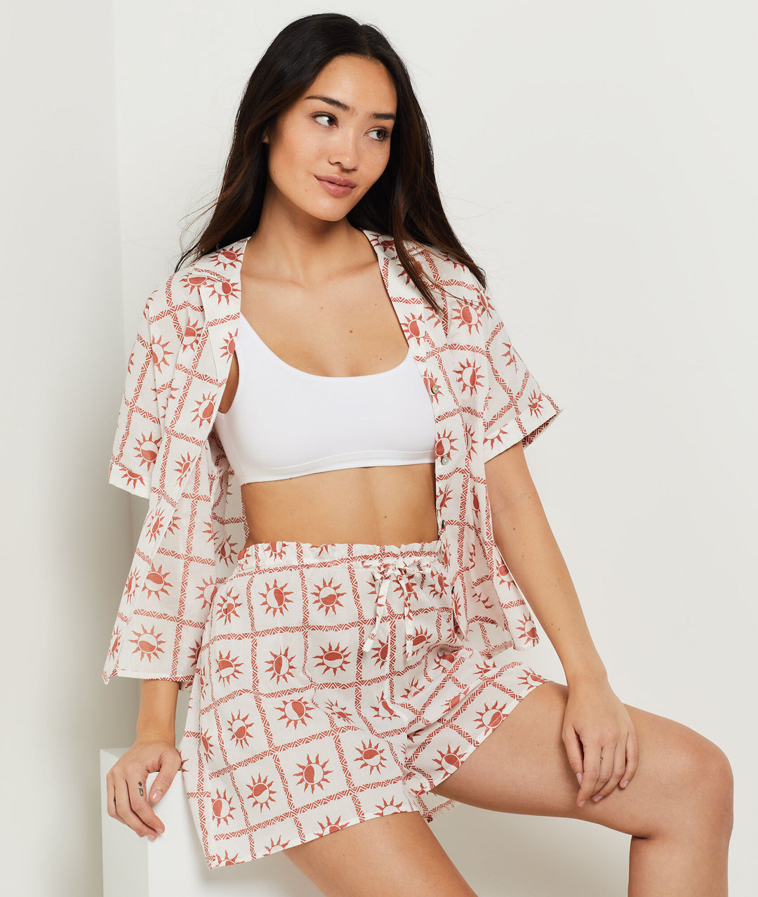 Cotton pajama shorts with sun pattern - Brique Roux