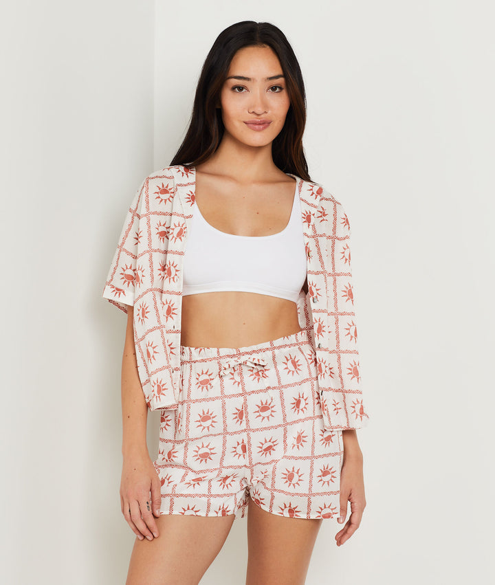 Cotton pajama shorts with sun pattern - Brique Roux