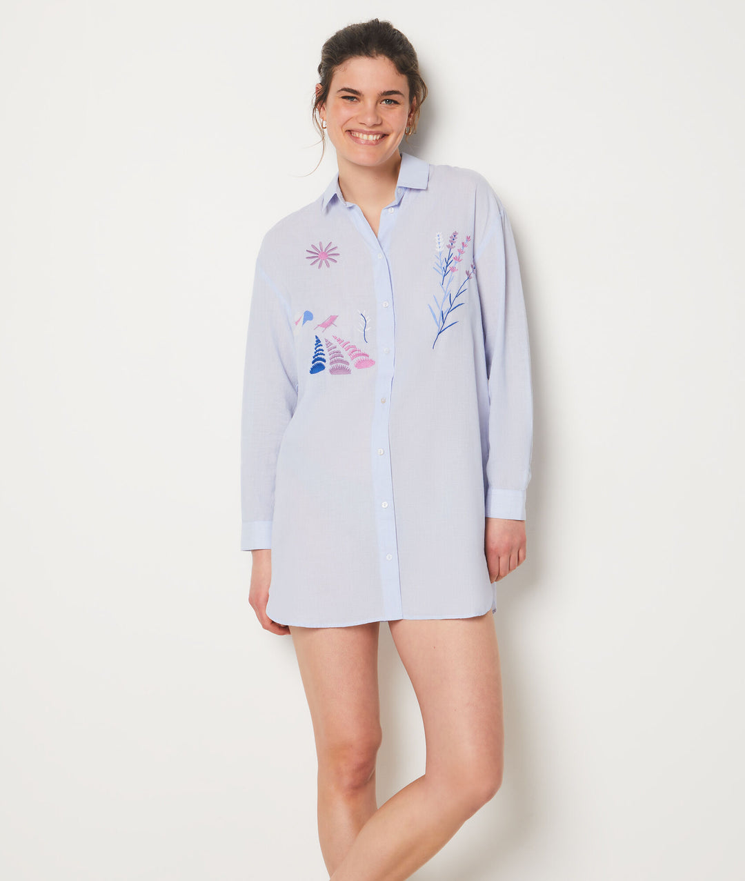 Embroidered cotton nightshirt - Bleu Ciel
