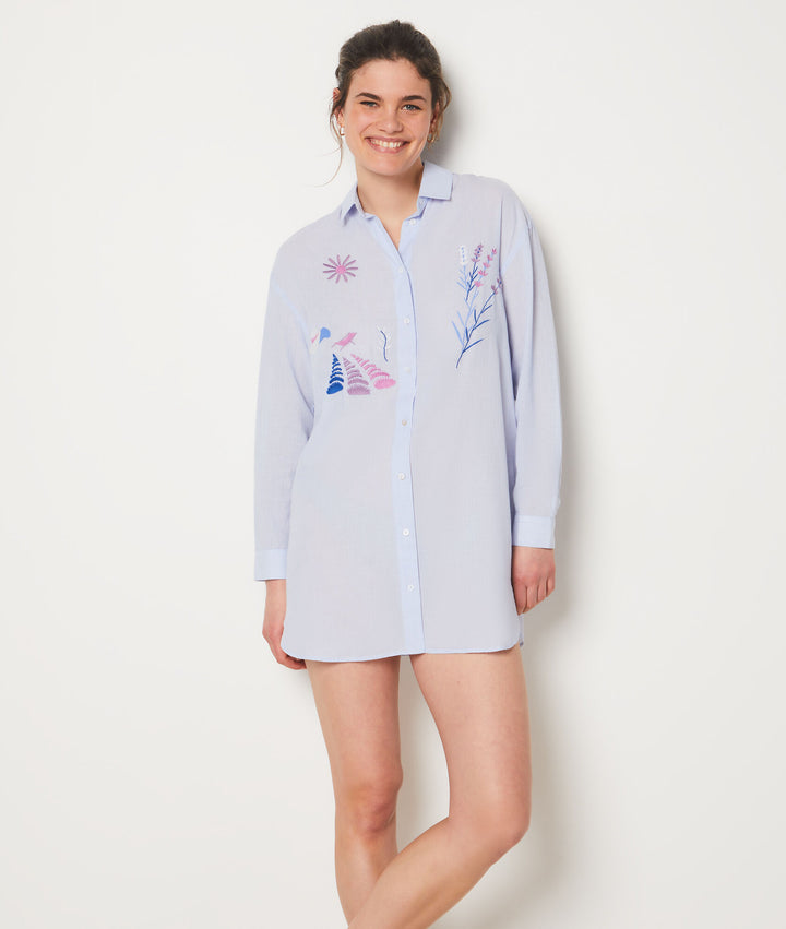 Embroidered cotton nightshirt - Bleu Ciel